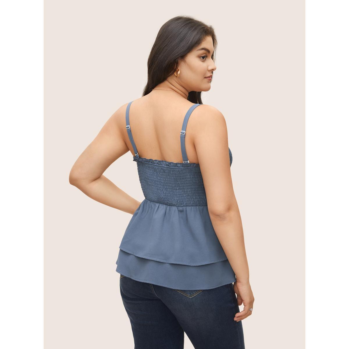 Plus Size Solid Shirred Ruffle Layered Hem Cami Top Women Stone Casual Adjustable Straps Spaghetti Strap Everyday Tank Tops Camis BloomChic 26/4X Product Image