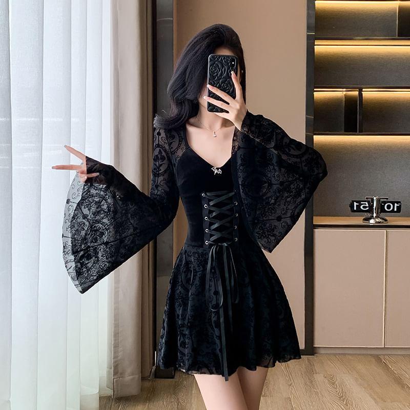 Long Sleeve V-Neck Lace Panel Velvet Mini A-Line Dress Product Image