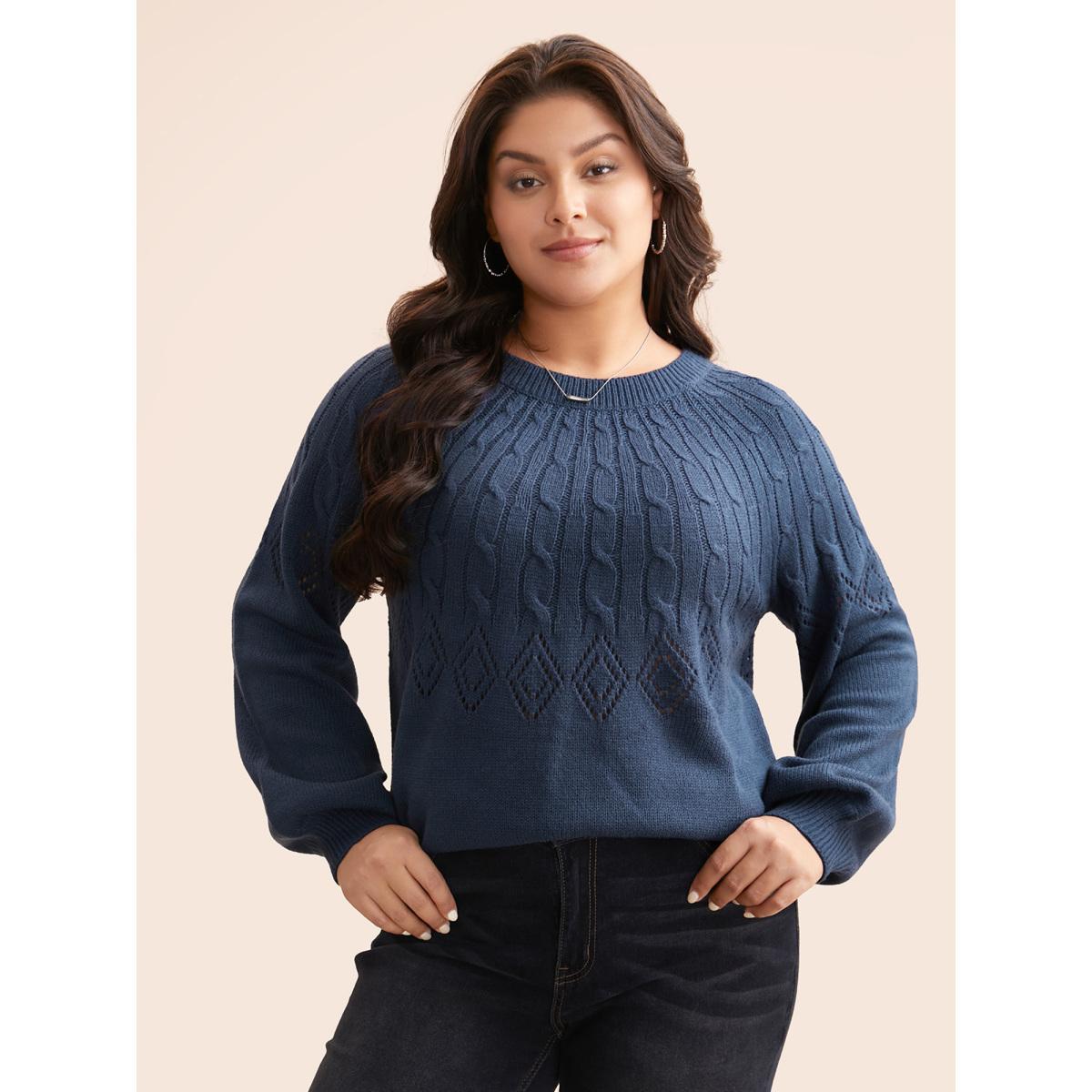 Plus Size Texture Cable Knit Lantern Sleeve Pullover Indigo Women Casual Loose Long Sleeve Round Neck Everyday Pullovers BloomChic 18-20/2X Product Image