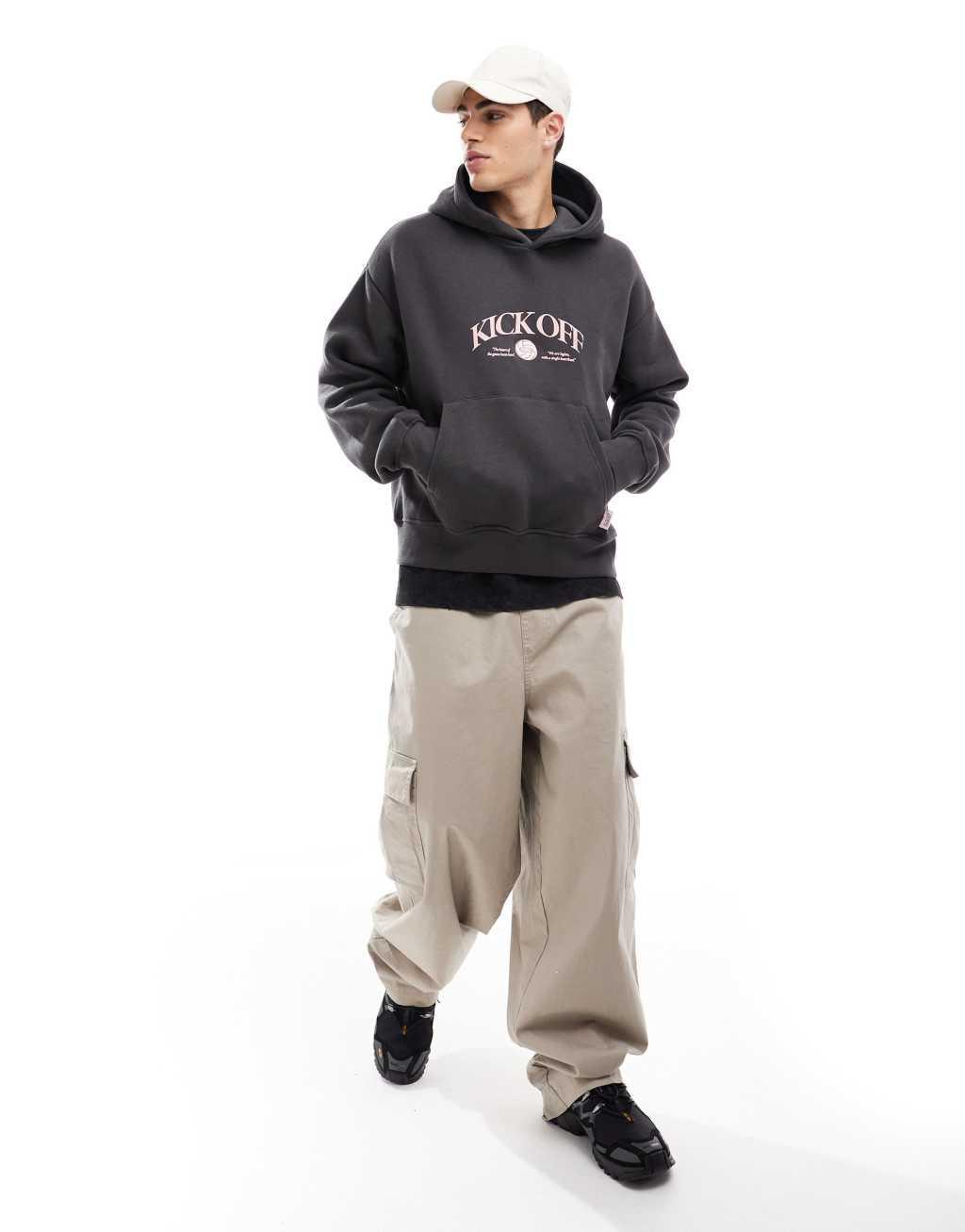 Bershka kick off back printed hoodie in charcoal  Product Image