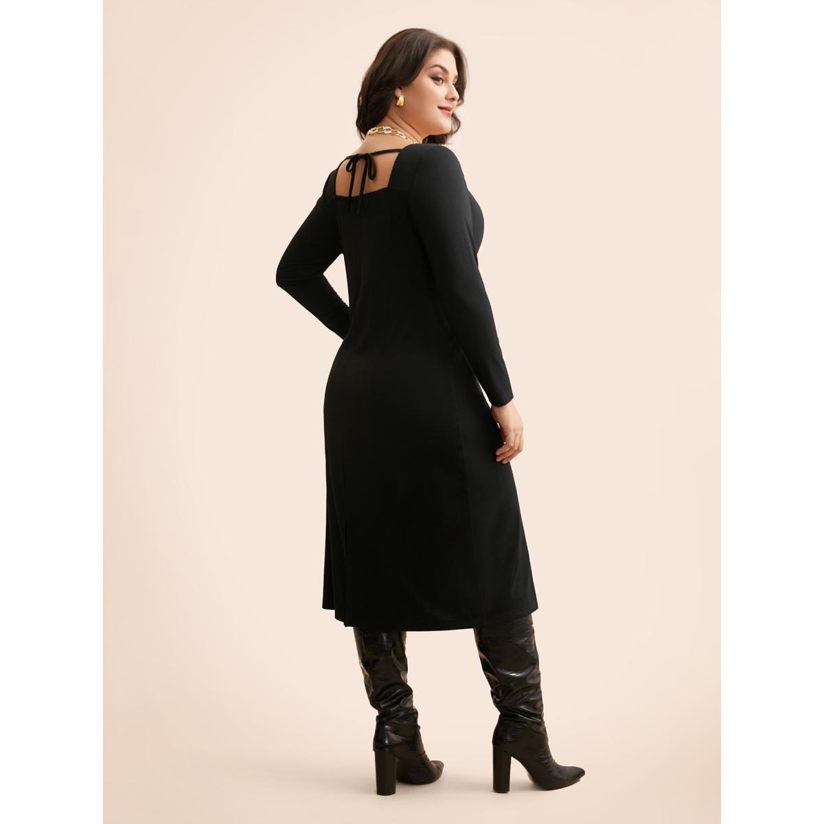 Plus Size Leopard Print Square Neck Tie Knot Dress Black Women Elegant Tie knot Square Neck Long Sleeve Curvy BloomChic 30/6X Product Image