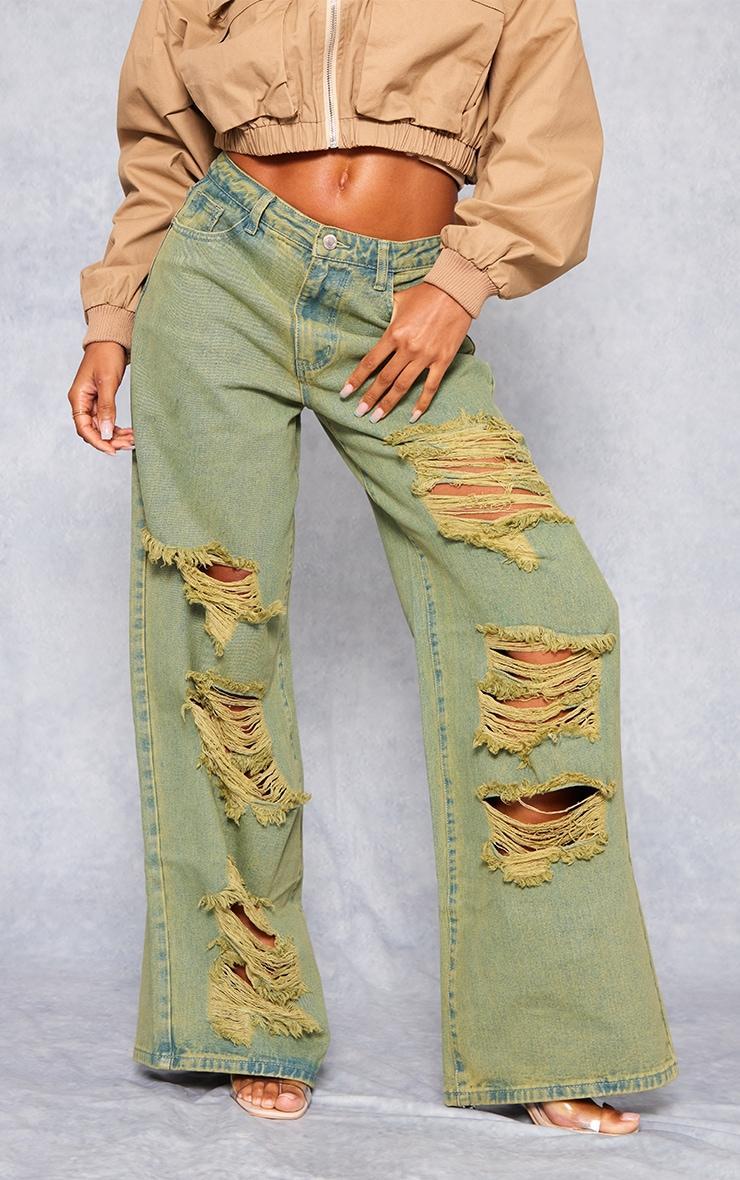 Vintage Wash Green Tint Distressed Extreme Wide Leg Jeans Product Image