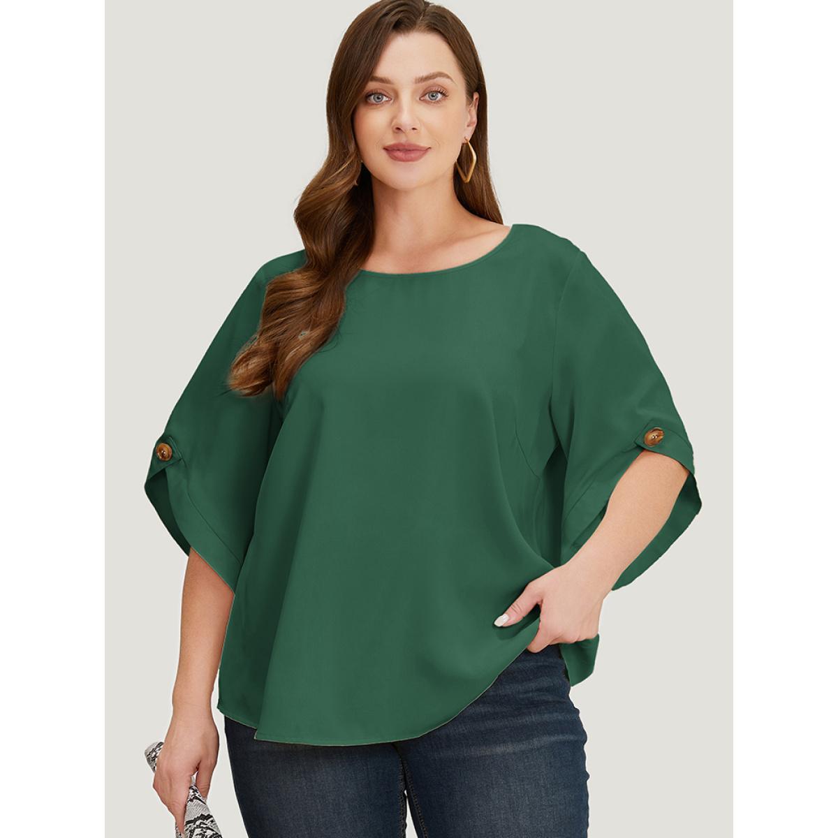 Plus Size ArmyGreen Solid Button Detail Flounce Sleeve Blouse Women Office Elbow-length sleeve Round Neck Dailywear Blouses BloomChic 28/5X Product Image