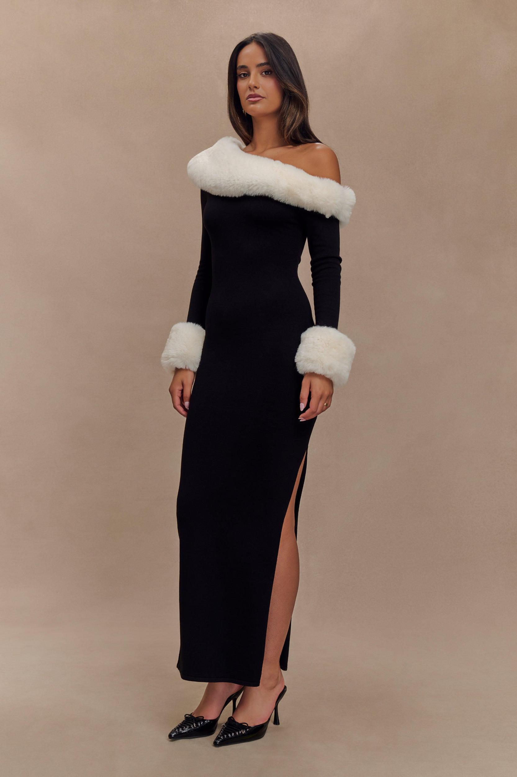 Karleigh Faux Fur Knit Maxi Dress - Black/White Product Image