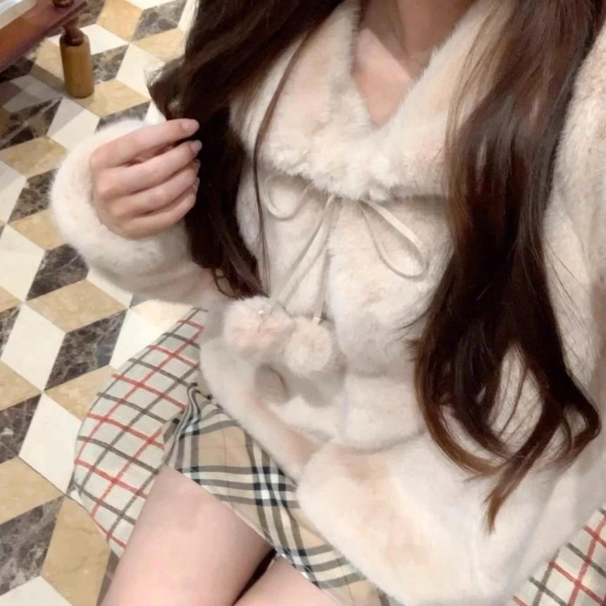 Collared Plain Pom Pom Fluffy Tie Front Jacket Product Image