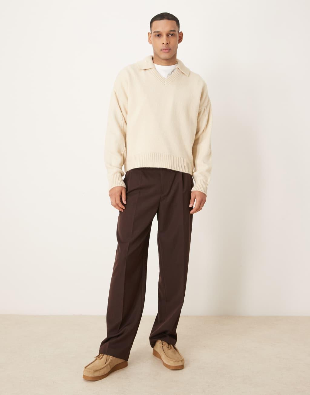 ASOS DESIGN oversized boxy fit knitted notch neck sweater in stone Product Image