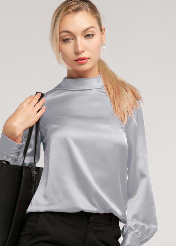 Stand Collar Long Sleeves  Silk Blouse Product Image