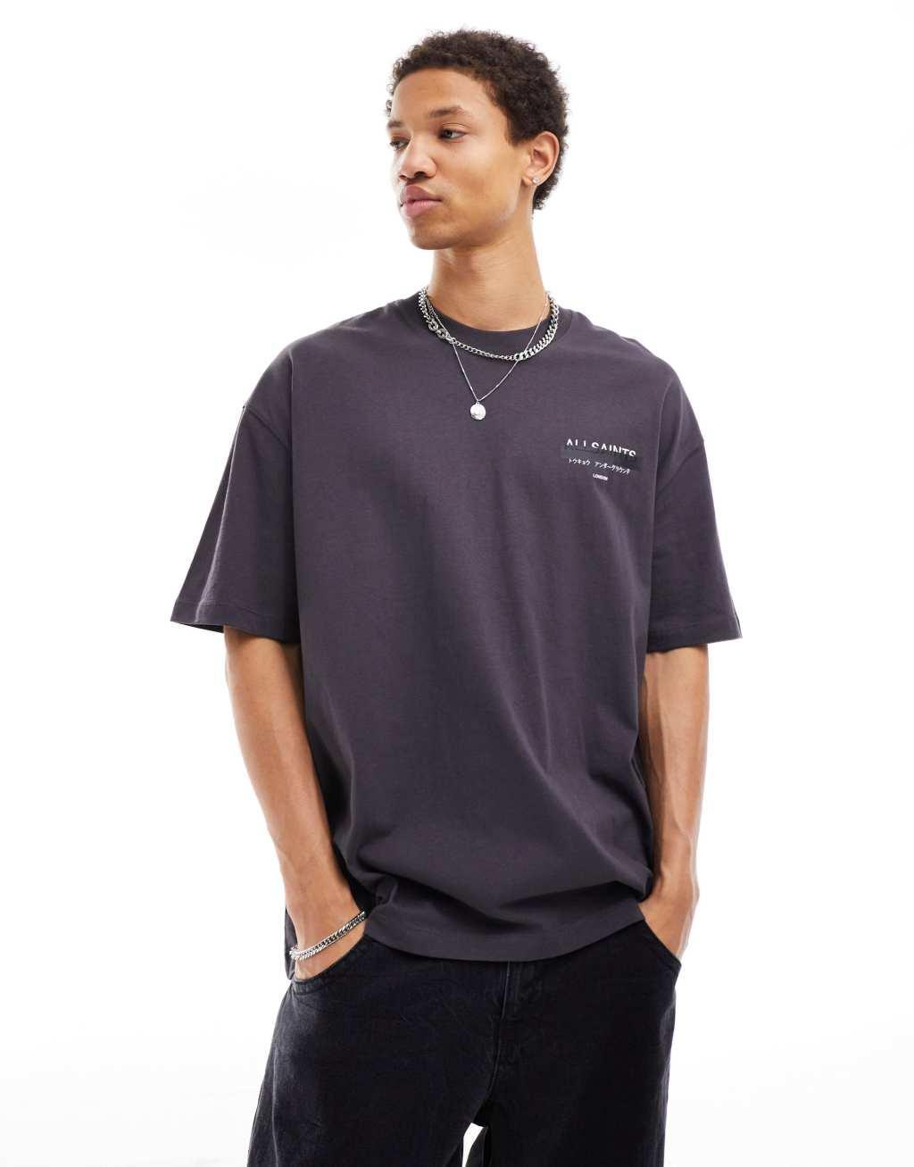 AllSaints Redact oversized embroidered logo T-shirt in washed black Product Image
