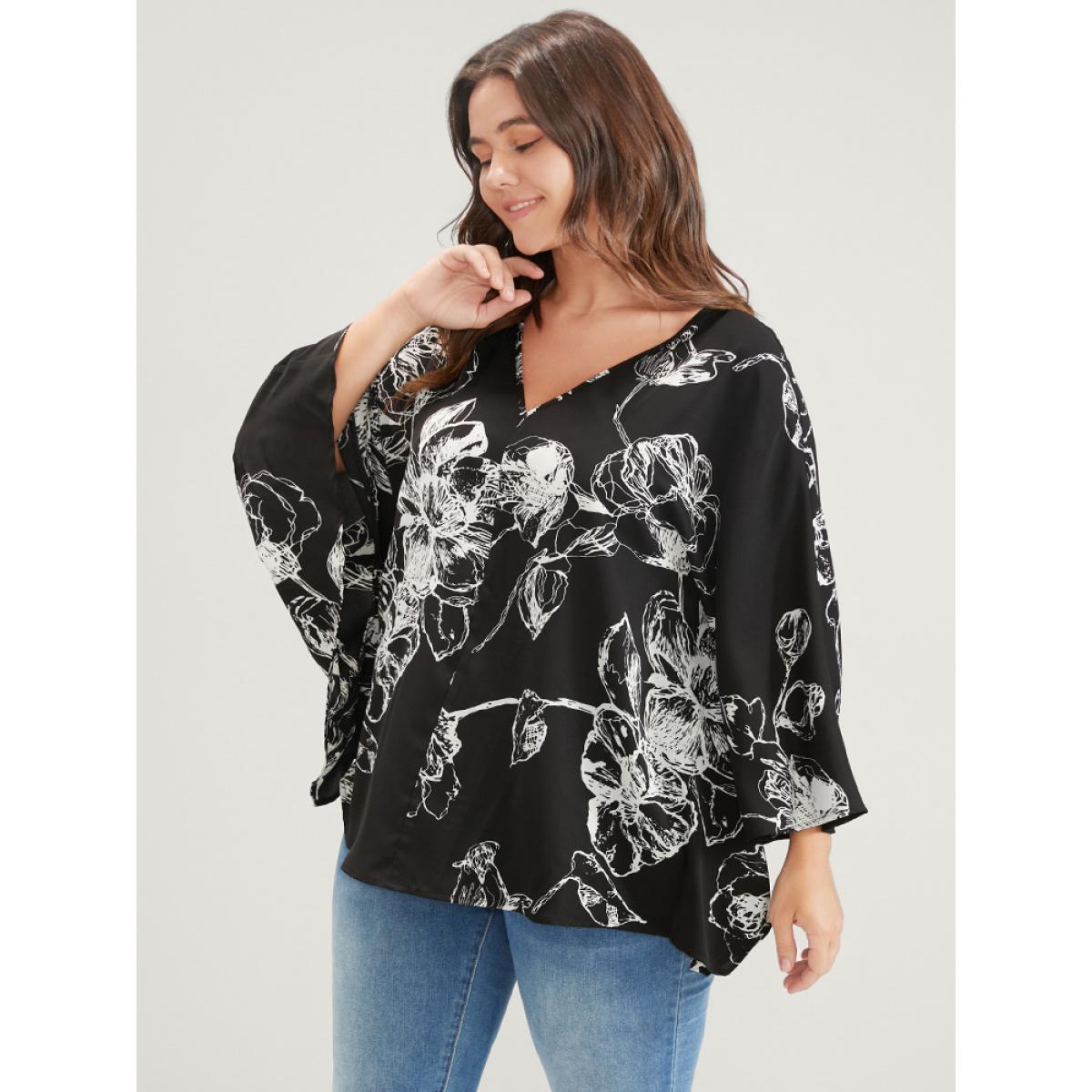 Plus Size Black Floral Print V Neck Dolman Sleeve Blouse Women Elegant Long Sleeve V-neck Dailywear Blouses BloomChic 22-24/3X Product Image