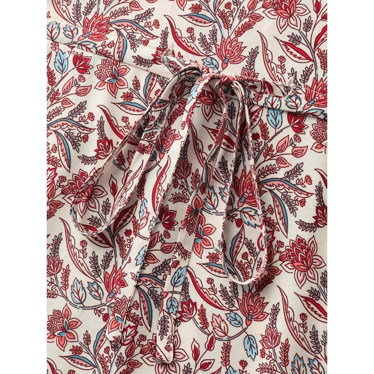 Plus Size Floral Print Lace Waist Drawstring Maxi Dress Salmon Women Woven ribbon&lace trim Flat collar with V-notch Half Sleeve Curvy BloomChic 28/5X Product Image