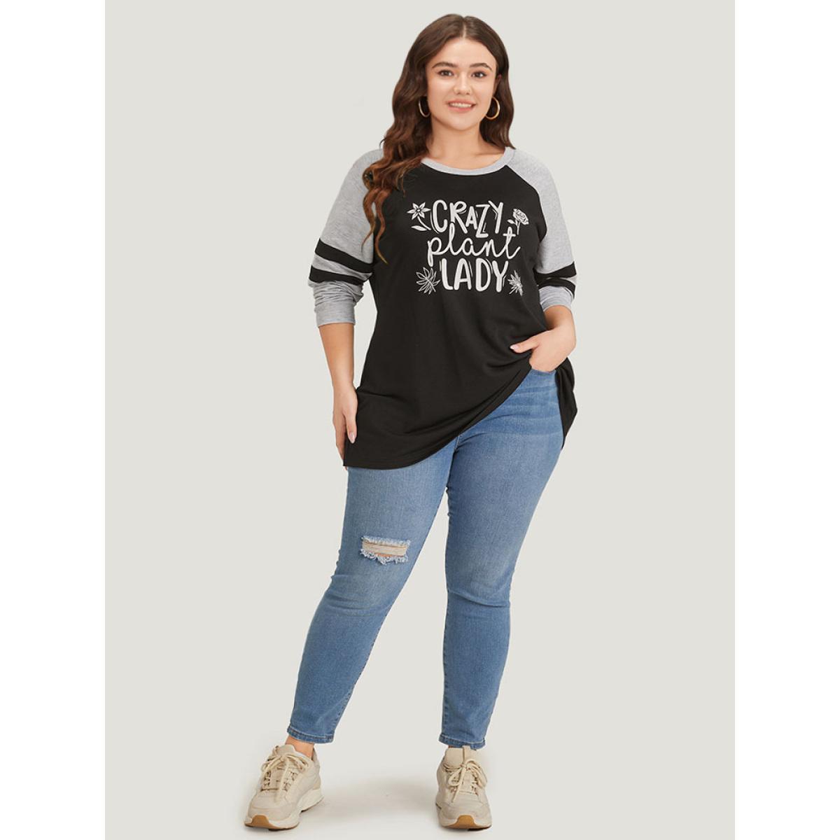 Plus Size Letter & Floral Print Striped Patchwork Raglan Sleeve Sweatshirt Women Multicolor Casual Contrast Dailywear Sweatshirts BloomChic 26/4X Product Image