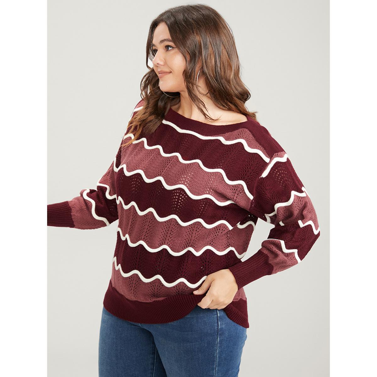 Plus Size Colorblock Contrast Pointelle Knit Water Ripple Knit Top Scarlet Women Elegant Long Sleeve Round Neck Dailywear Pullovers BloomChic 26/4X Product Image