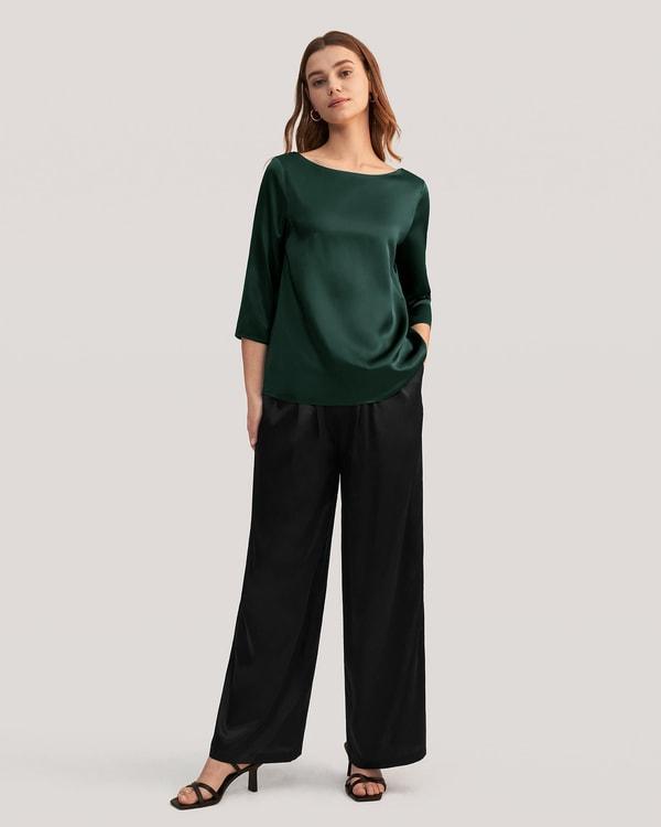 3/4 Sleeve Boat Neck Silk Blouse Product Image