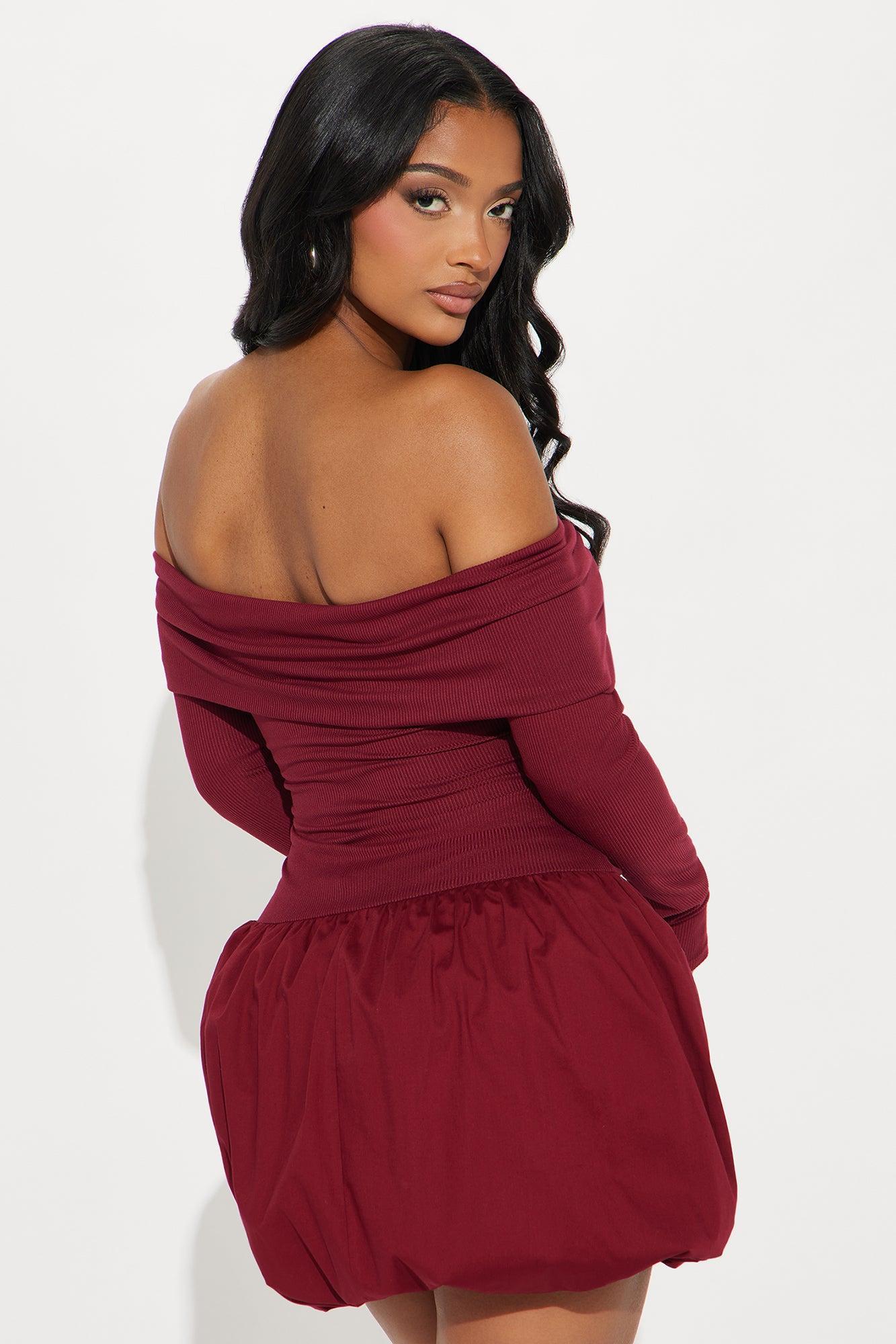 Stella Ruched Bubble Mini Dress - Wine Product Image