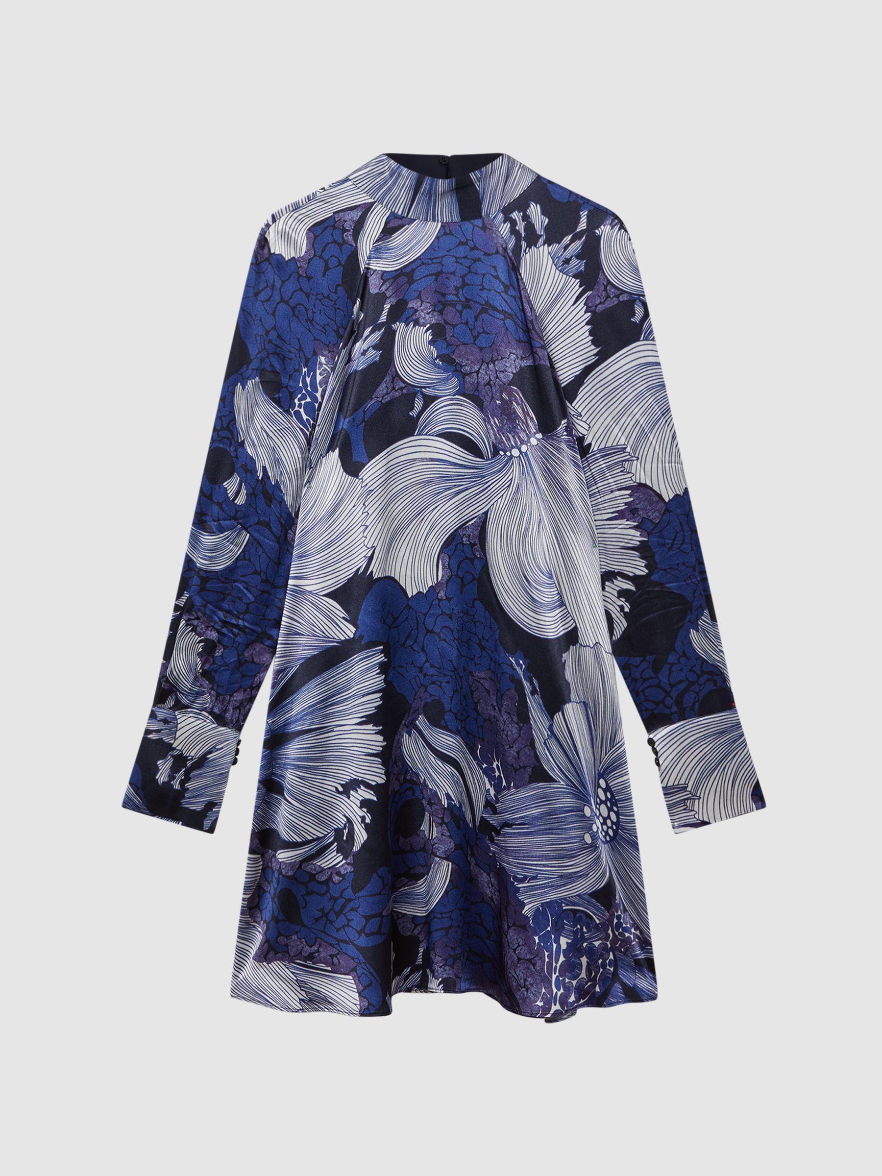 Relaxed Satin Printed Mini Dress in Blue/White Product Image