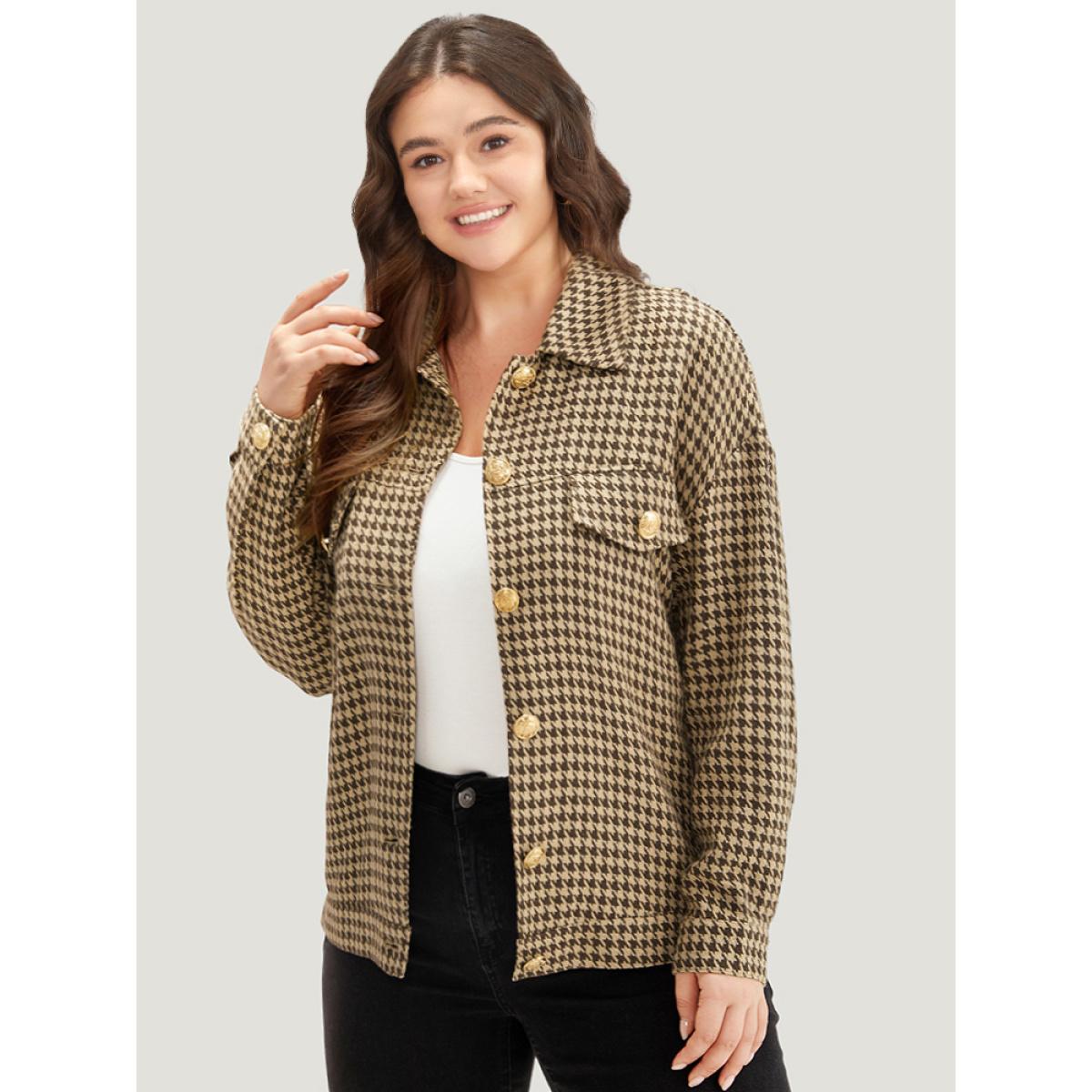 Plus Size Houndstooth Pocket Metal Detail Jacket Women Tan Texture Dailywear Jackets BloomChic 14-16/1X Product Image
