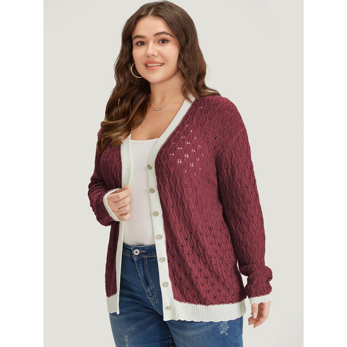 Plus Size Two Tone Patchwork Cut Out Button Down Cardigan Burgundy Women Casual Loose Long Sleeve Work Cardigans BloomChic 10/M Product Image