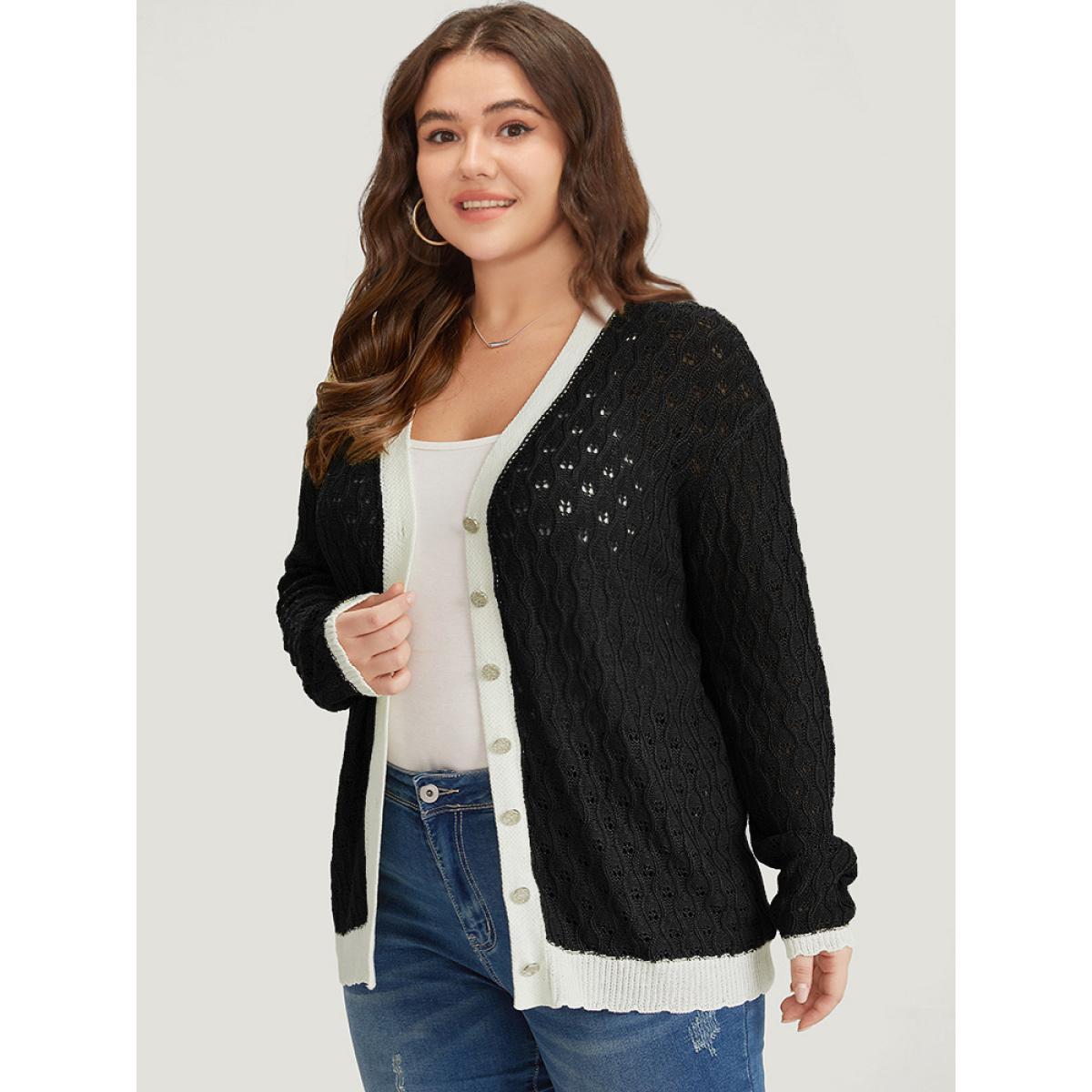 Plus Size Two Tone Patchwork Cut Out Button Down Cardigan Black Women Casual Loose Long Sleeve Work Cardigans BloomChic 22-24/3X Product Image