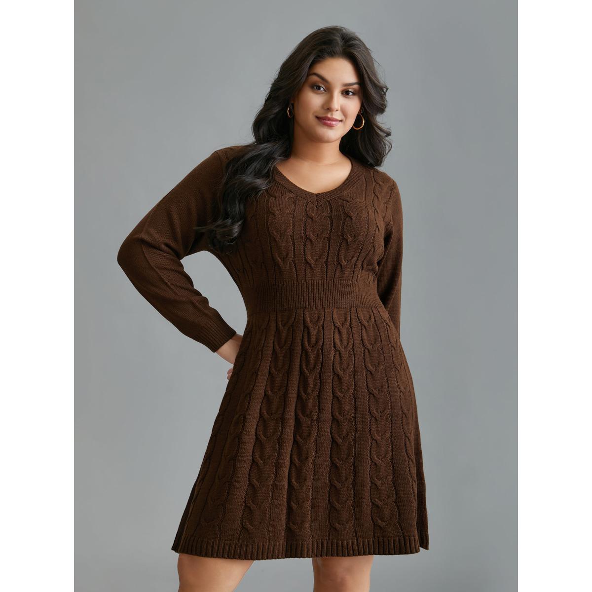 Plus Size Textured Cable Knit V-Neck Midi Sweater Dress Browncoffeecolor Women Casual Bodycon Long Sleeve Everyday Sweater Dresses BloomChic 14-16/1X Product Image