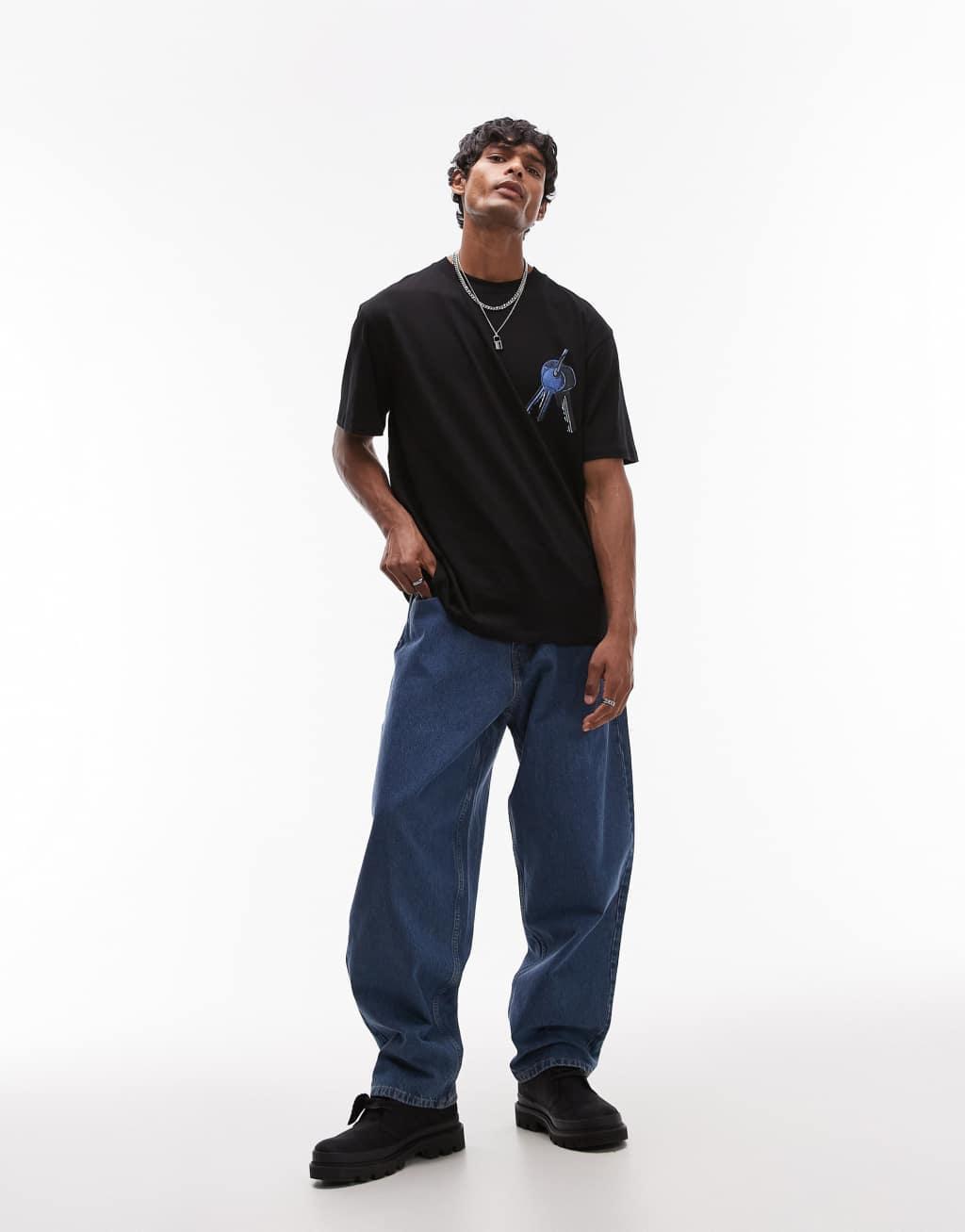 Topman oversized fit t-shirt with front and back keys patch print in black Product Image