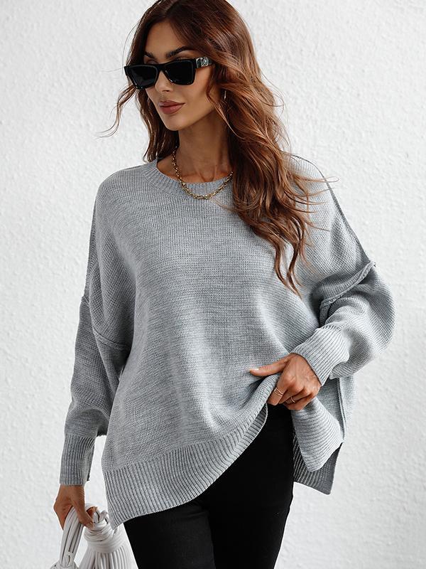 Casual Long Sleeves Loose Split-Side Solid Color Round-Neck Sweater Tops Product Image