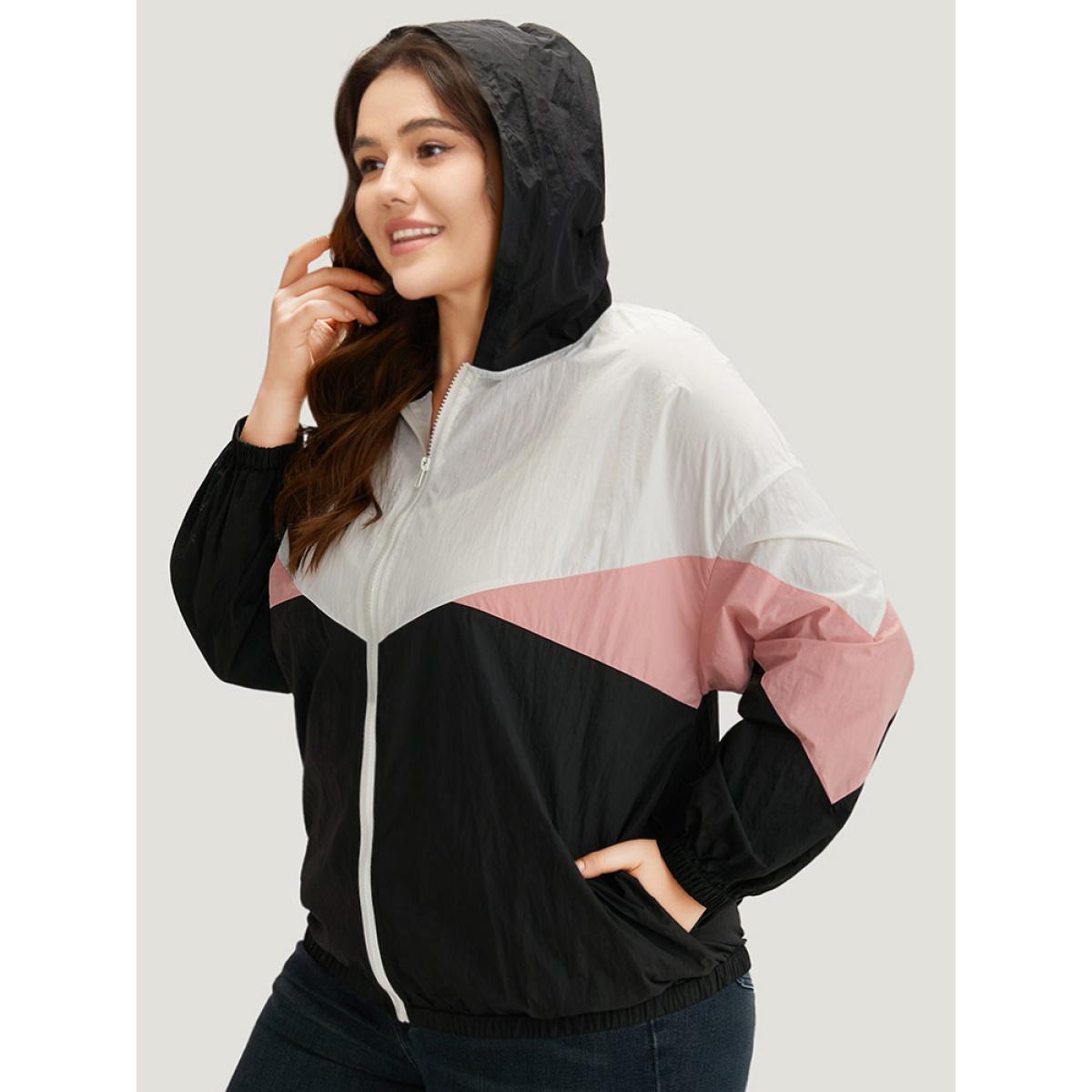 Plus Size Colorblock Contrast Zipper Pocket Hooded Jacket Women Black Elastic cuffs Pocket Dailywear Jackets BloomChic 18-20/2X Product Image