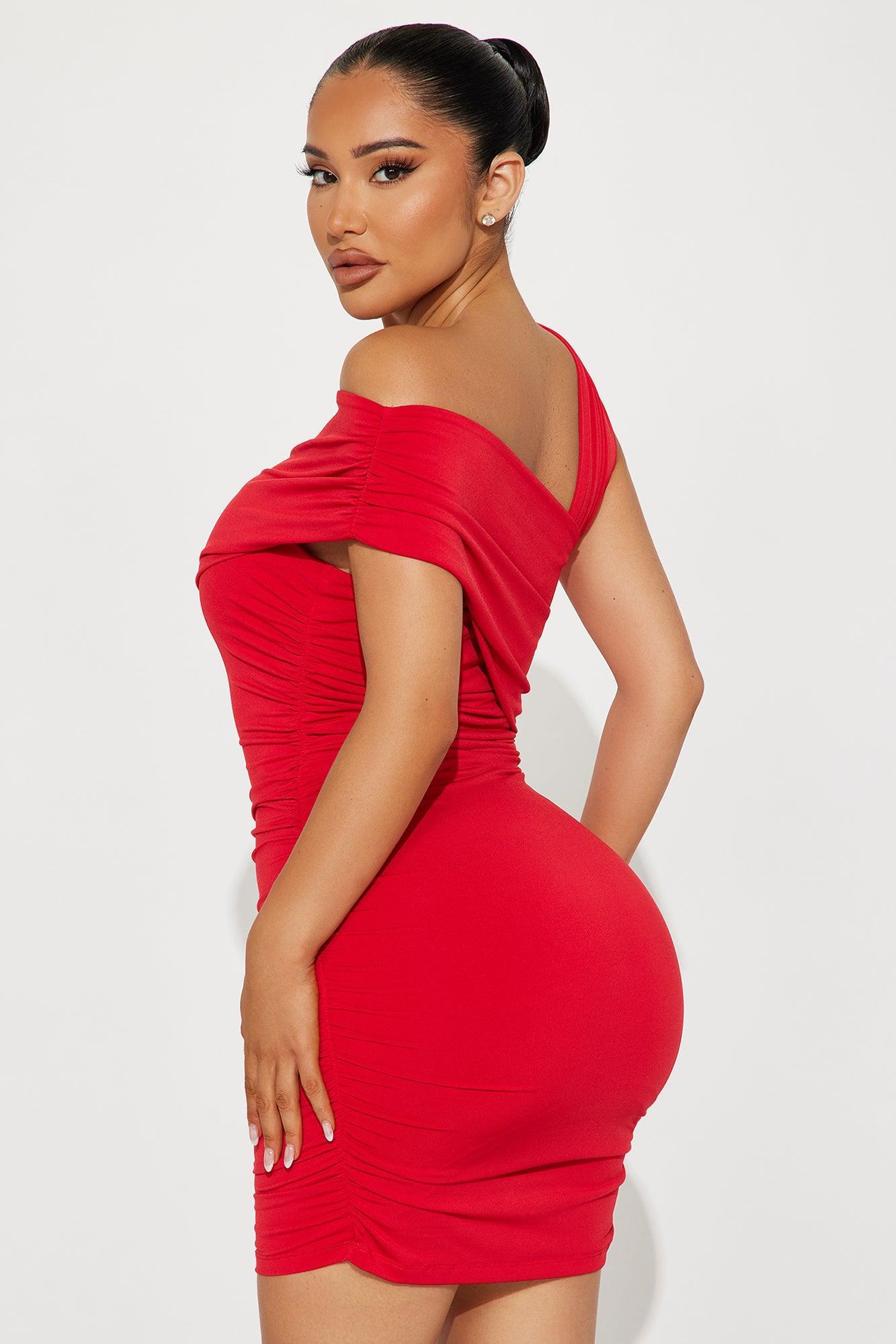 Trace One Shoulder Mini Dress - Red Product Image