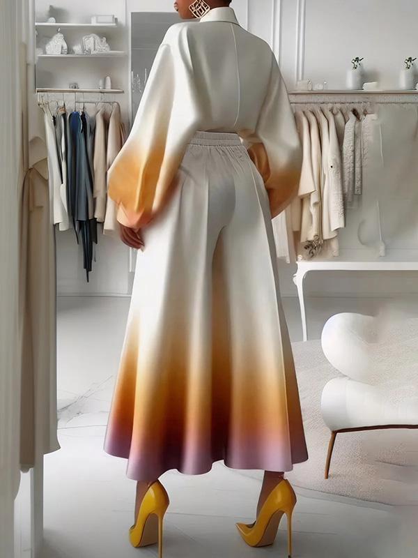 Loose Puff Sleeves Gradient Split-Joint Lapel Blouses&Shirts Tops Product Image