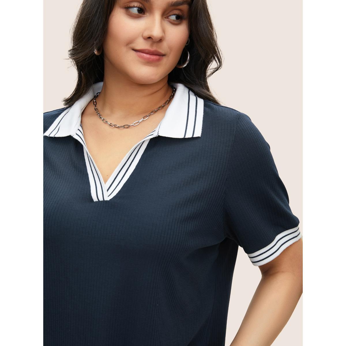 Plus Size Striped Patchwork Polo Neck Rib Knit T-shirt Indigo Women Casual Contrast Plain Polo Everyday T-shirts BloomChic 30/6X Product Image