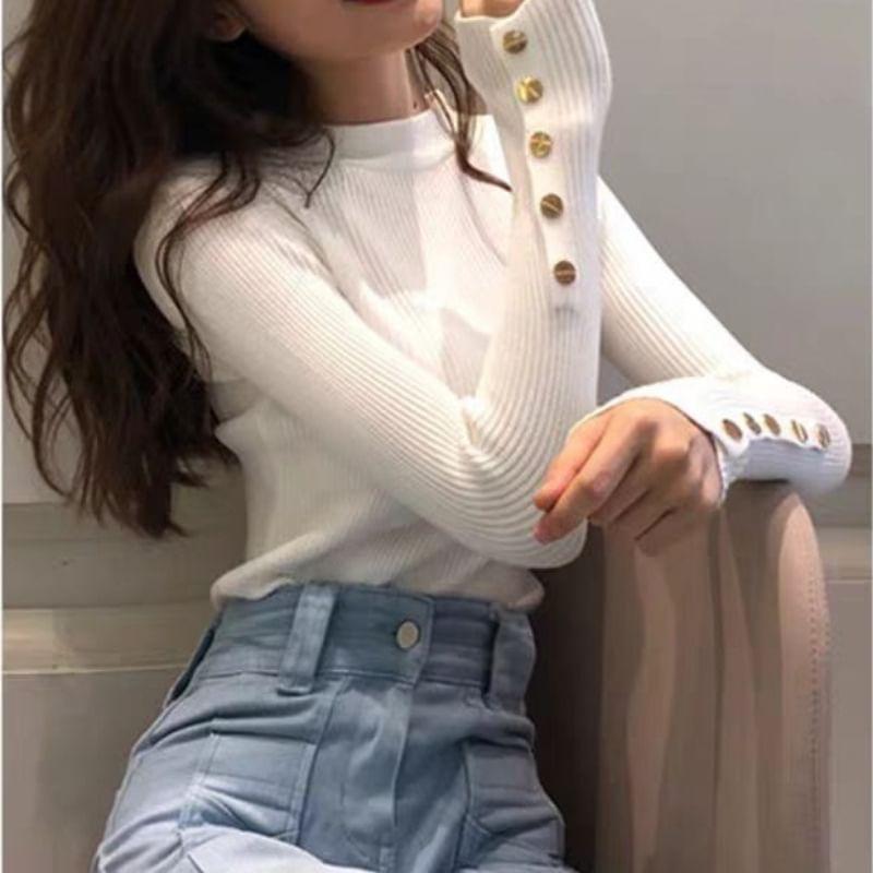 Long-Sleeve Crew Neck Plain Ribbed Knit Top Product Image