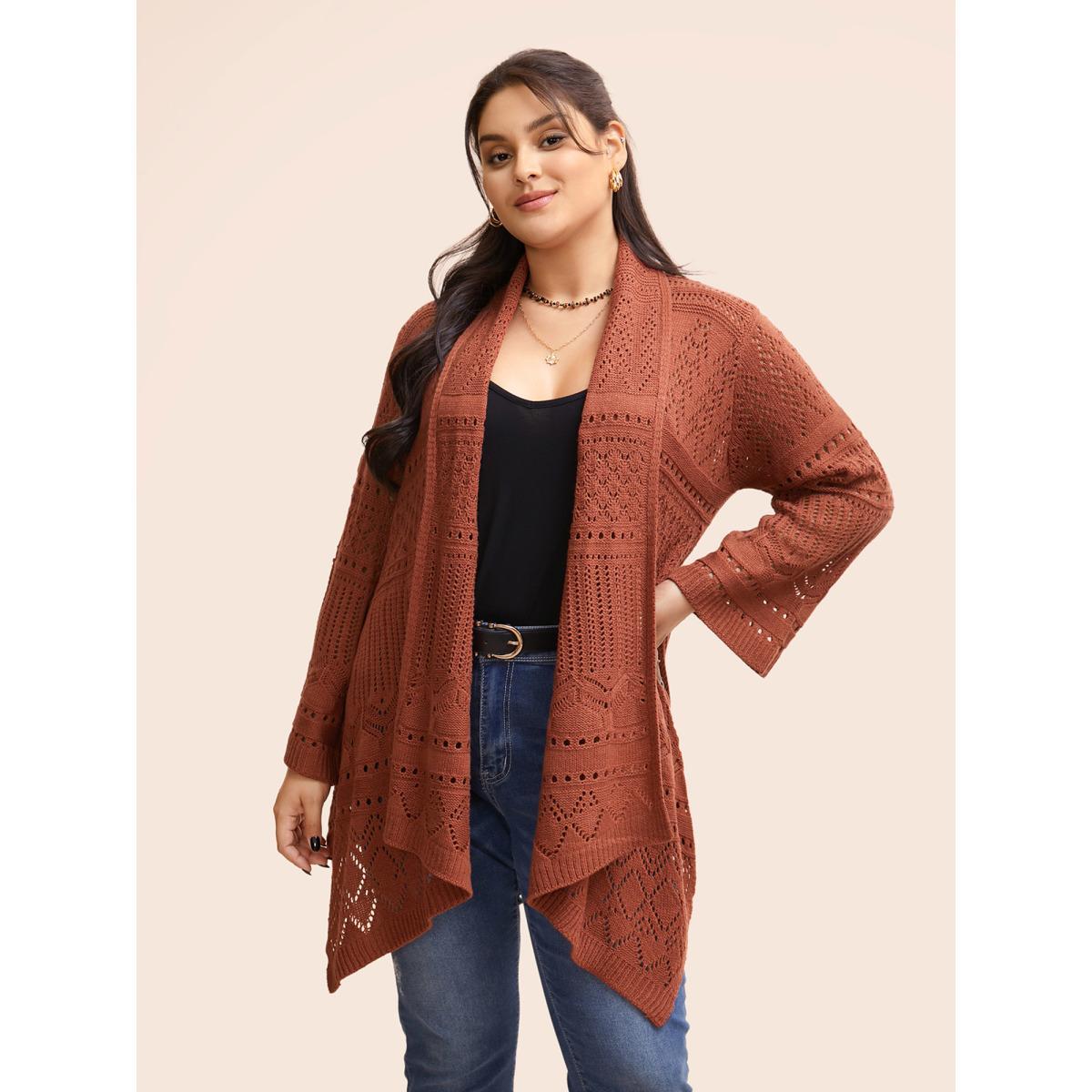 Plus Size Texture Cut Out Bell Sleeve Cardigan Rust Women Resort Loose Long Sleeve Vacation Cardigans BloomChic 18-20/2X Product Image