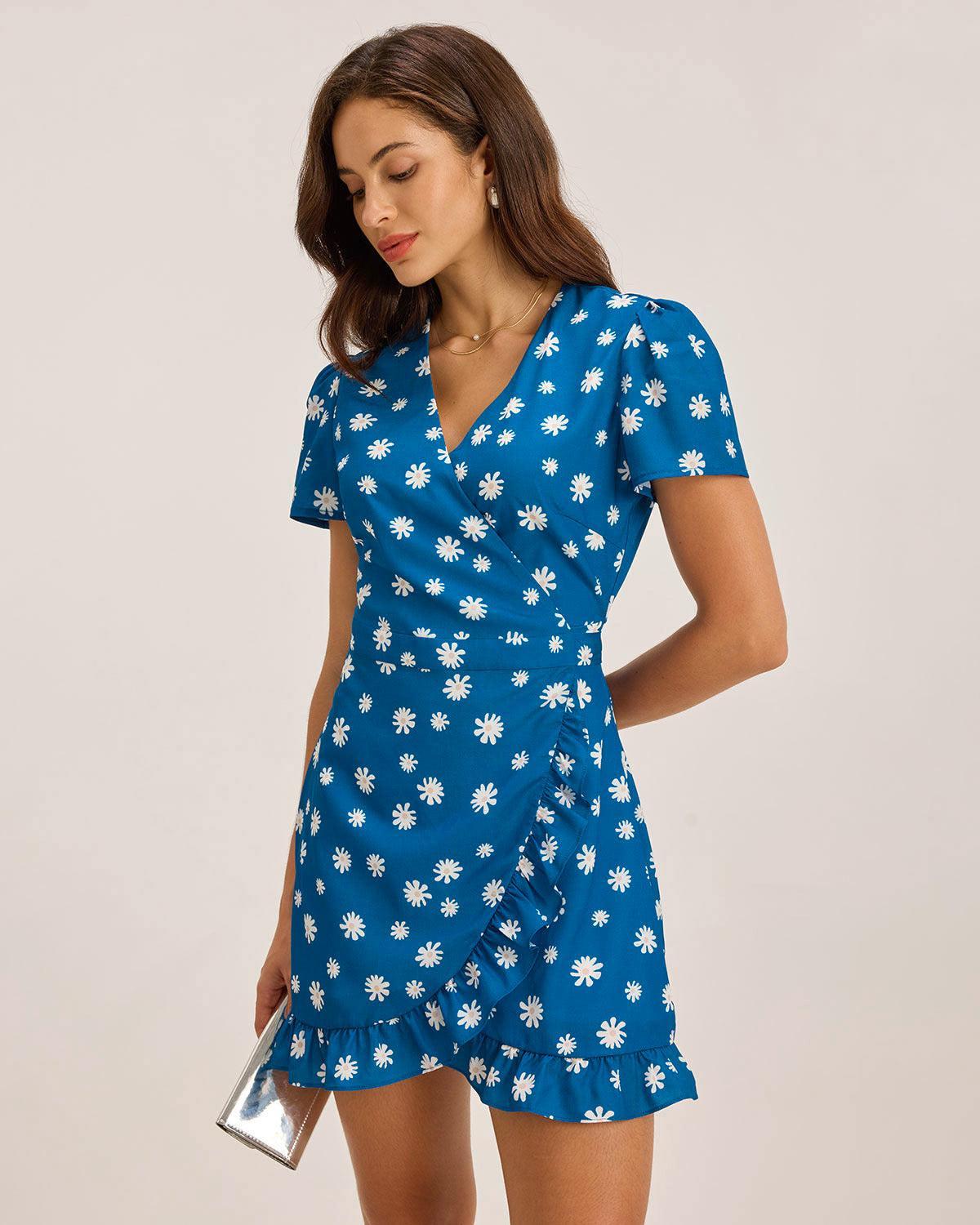 Blue Floral Wrap Mini Dress Product Image