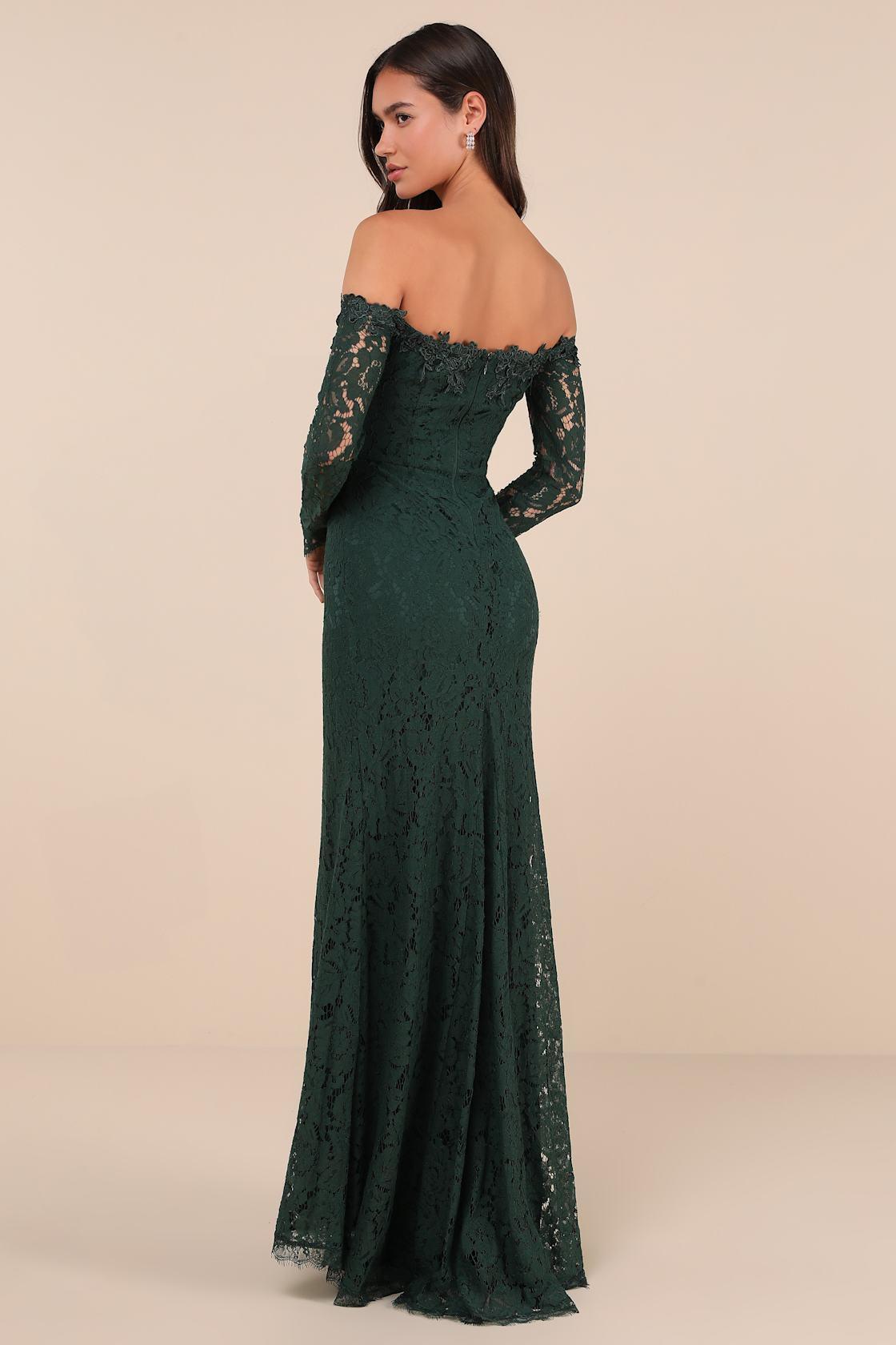 Romance Dreamer Green Lace Off-the-Shoulder Maxi Dress Product Image