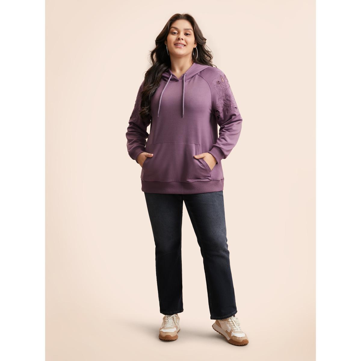 Plus Size Floral Embroidered Cut Out Hooded Sweatshirt Women Mauve Casual Cut-Out Hooded Everyday Sweatshirts BloomChic 22-24/3X Product Image