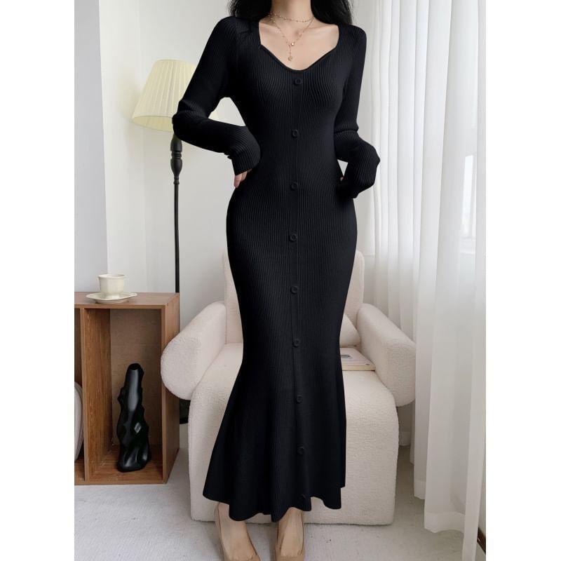 Long-Sleeve Plain Ribbed Midi Mermaid Knit Dress Product Image