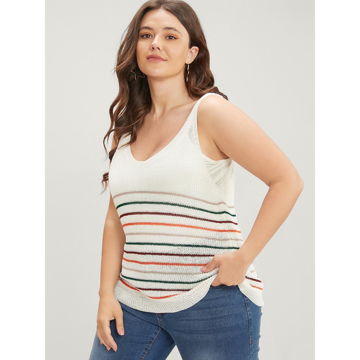 Plus Size Striped Contrast Sleeveless Knit Top Multicolor Women Casual Sleeveless V-neck Dailywear Pullovers BloomChic 26/4X Product Image
