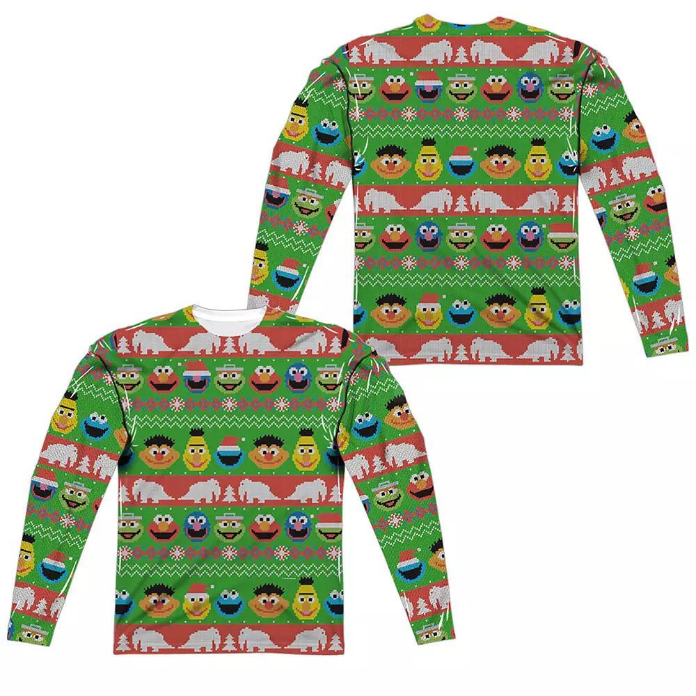 Men's Sesame Street Ugly Christmas Sweater Long Sleeve Sublimated Graphic Tee, Size: Small, Black Product Image