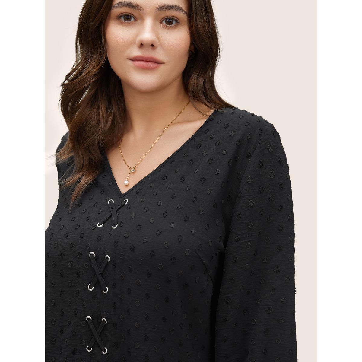Plus Size Black Texture Drawstring Lantern Sleeve Arc Hem Blouse Women Casual Elbow-length sleeve V-neck Everyday Blouses BloomChic 12/L Product Image