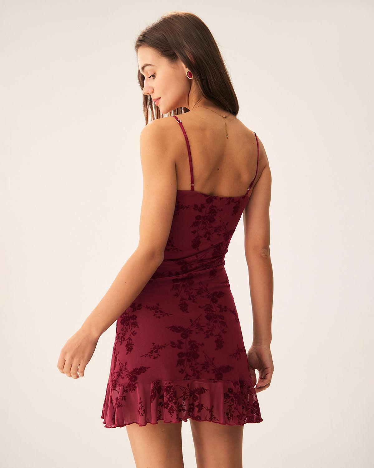 Red Floral Mesh Slip Mini Dress Product Image