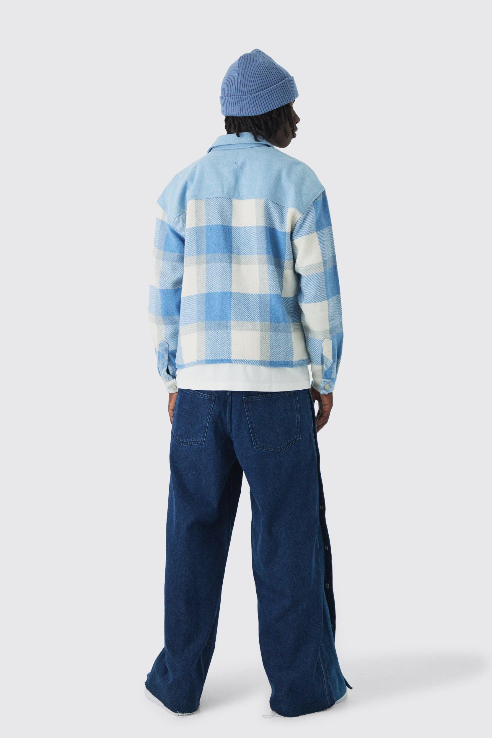 Oversized Denim PlaidQuilted Shirt Jacket | boohooMAN USA Product Image