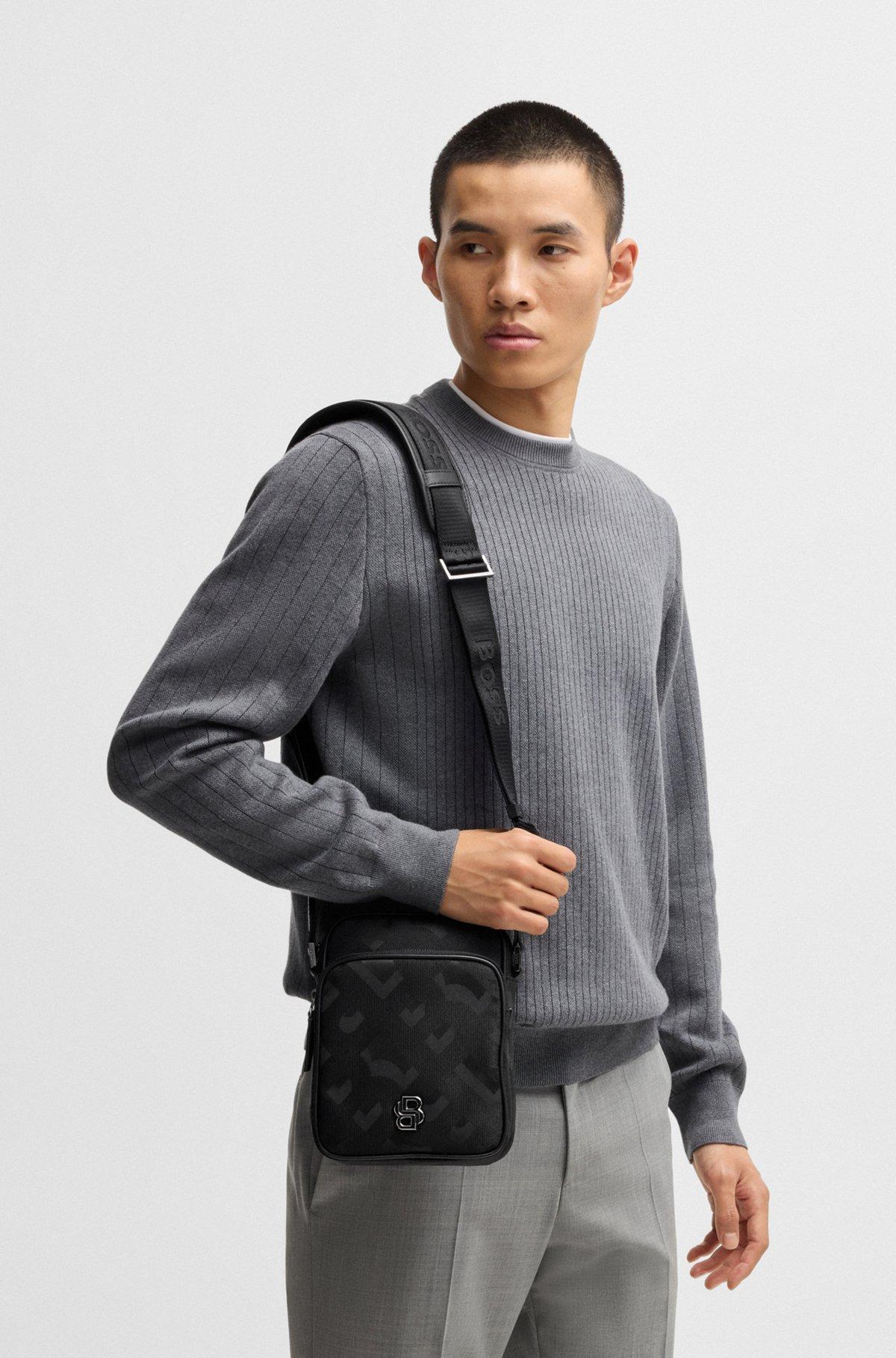 BOSS - Monogram-jacquard reporter bag with Double B trim - Black Product Image