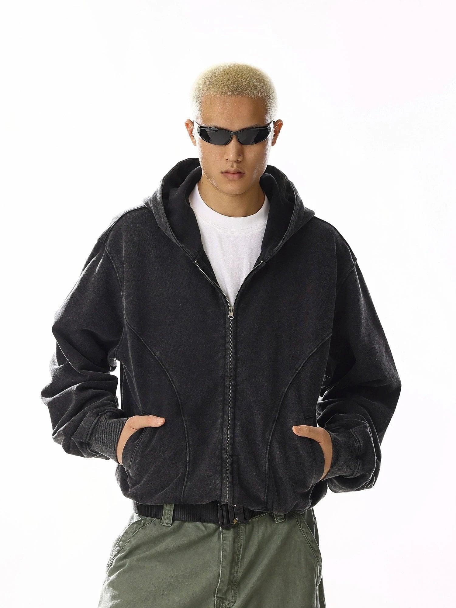 RT No. 19803 ASH BLACK RECONSTRUCTED ZIP UP HOODIE Product Image
