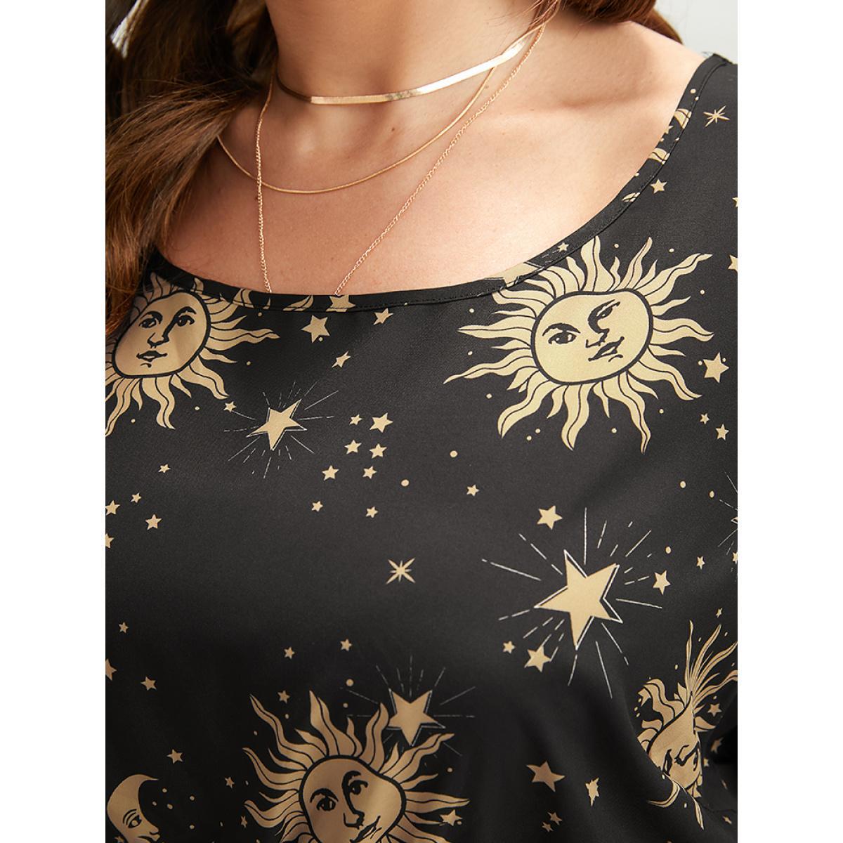 Plus Size Halloween Moon And Star Bell Sleeve Pocket Crew Neck Midi Dress Black Women Elegant Patchwork Round Neck Long Sleeve Curvy Midi Dress BloomChic 18-20/2X Product Image