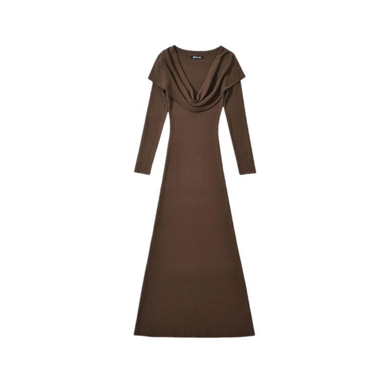 Long Sleeve Cowl Neck Plain Maxi Sheath Dress Product Image