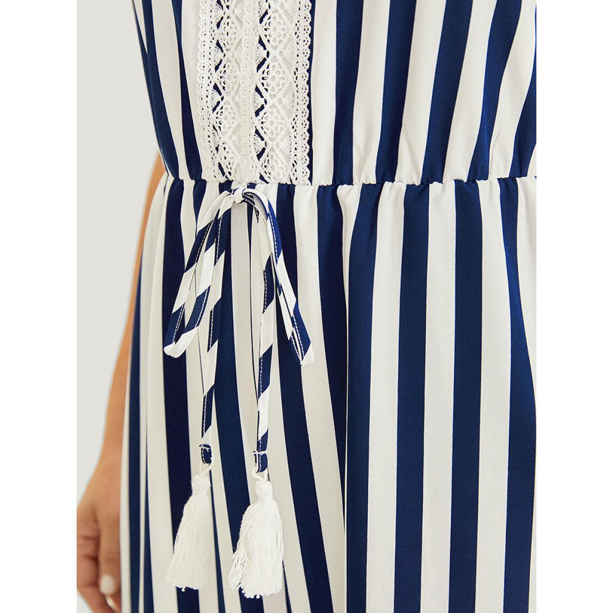 Plus Size DarkBlue Striped Print Contrast Lace Pocket Knot Tassels Tank Jumpsuit Women Office Sleeveless V-neck Work Loose Jumpsuits BloomChic 10/M Product Image