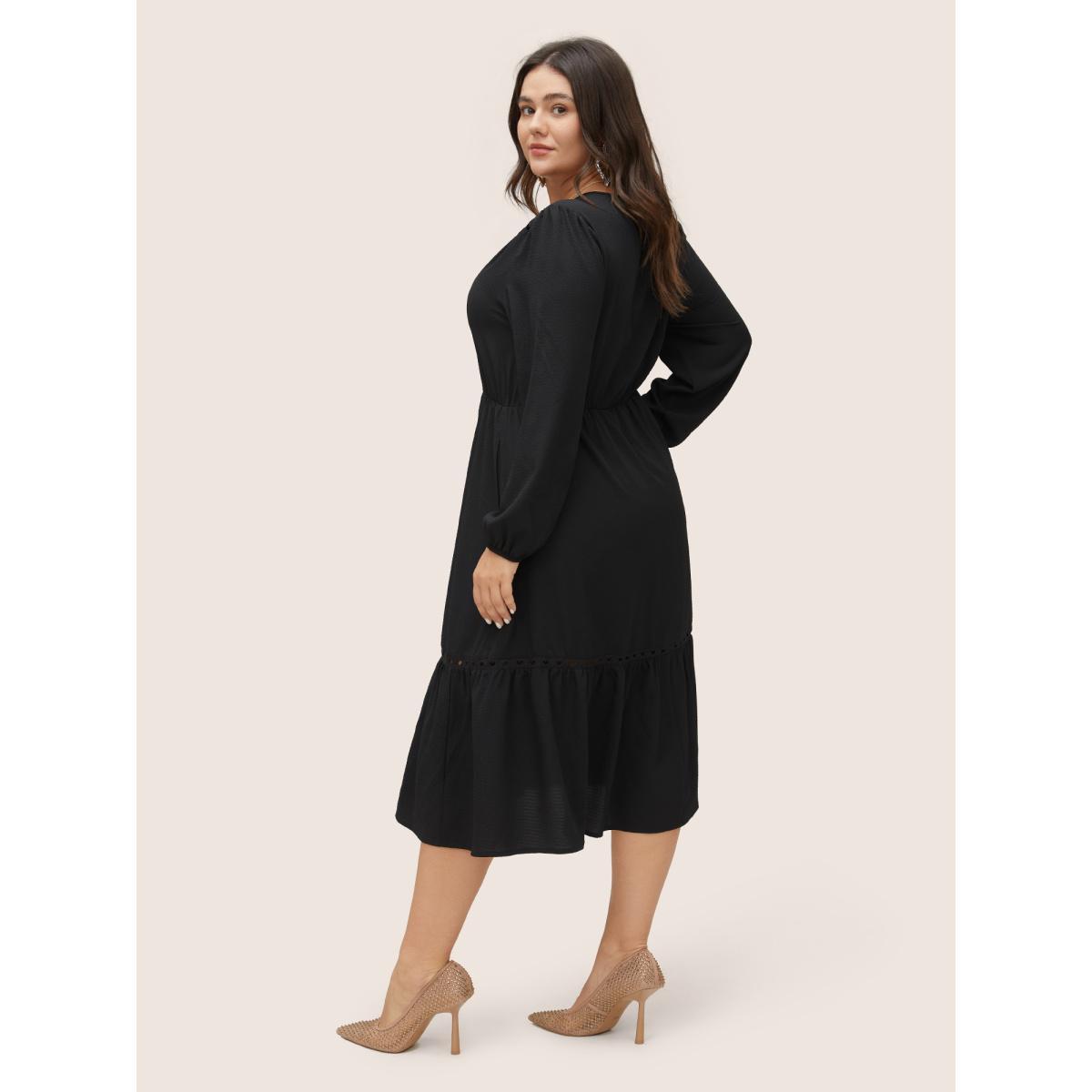Plus Size Hollow Out Lantern Sleeve Flutter Layered Hem Dress Black Women At the Office Non V-neck Long Sleeve Curvy Midi Dress BloomChic 26/4X Product Image