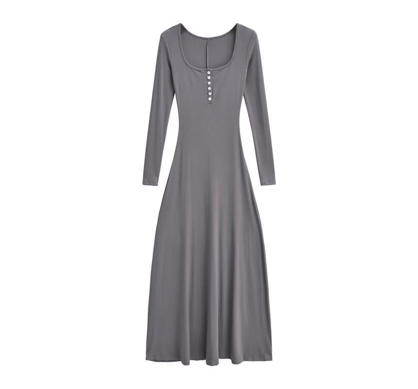 Long-Sleeve Henley Plain Maxi A-Line Dress Product Image