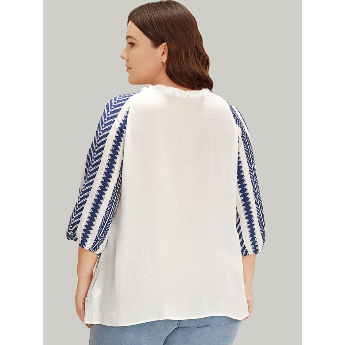 Plus Size DarkBlue Boho Print Tie Neck Patchwork Lantern Sleeve Blouse Women Vacation Elbow-length sleeve Tie Neck Dailywear Blouses BloomChic 30/6X Product Image