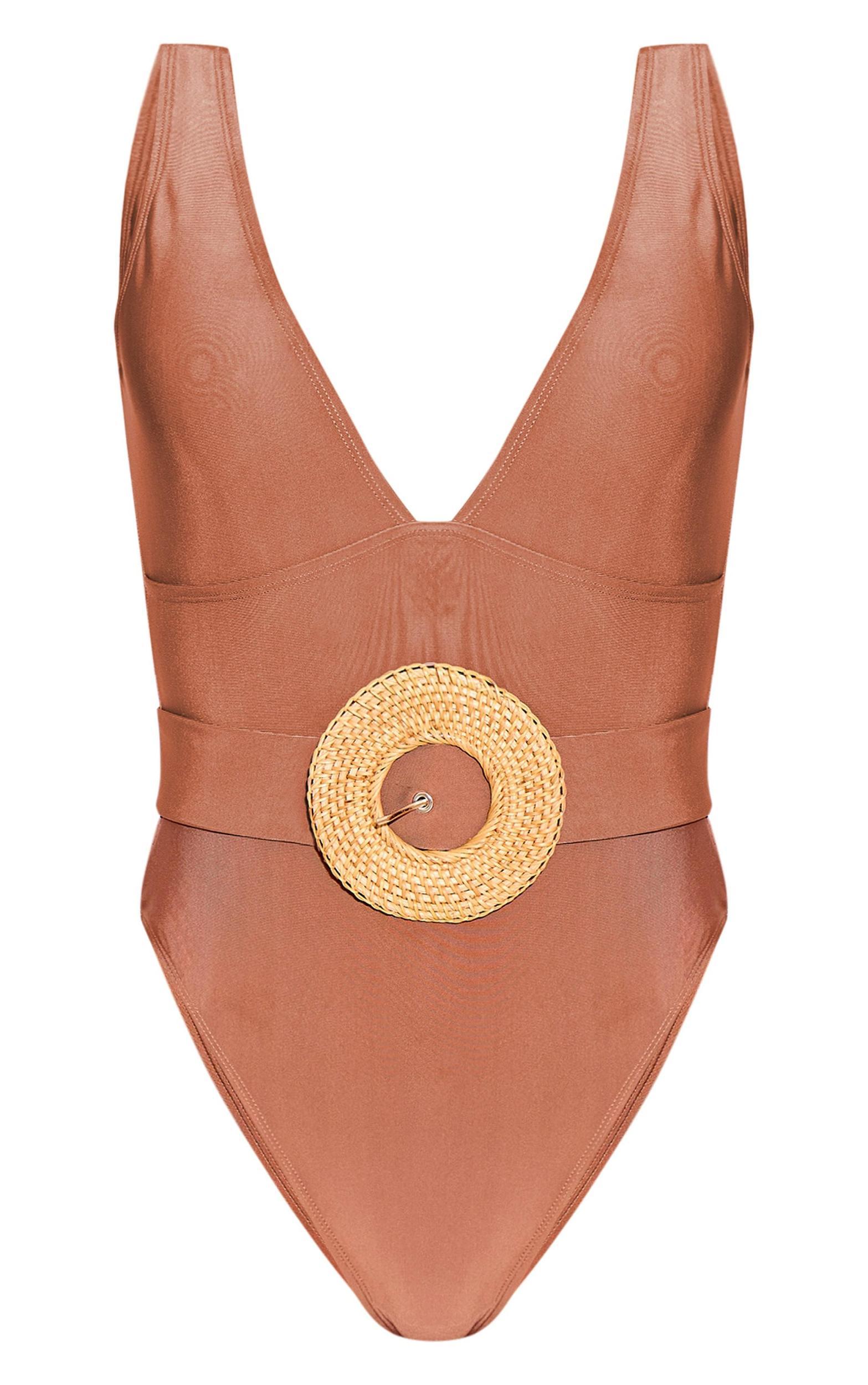 Brown Plunge Rattan Belted High Leg Swimsuit Product Image