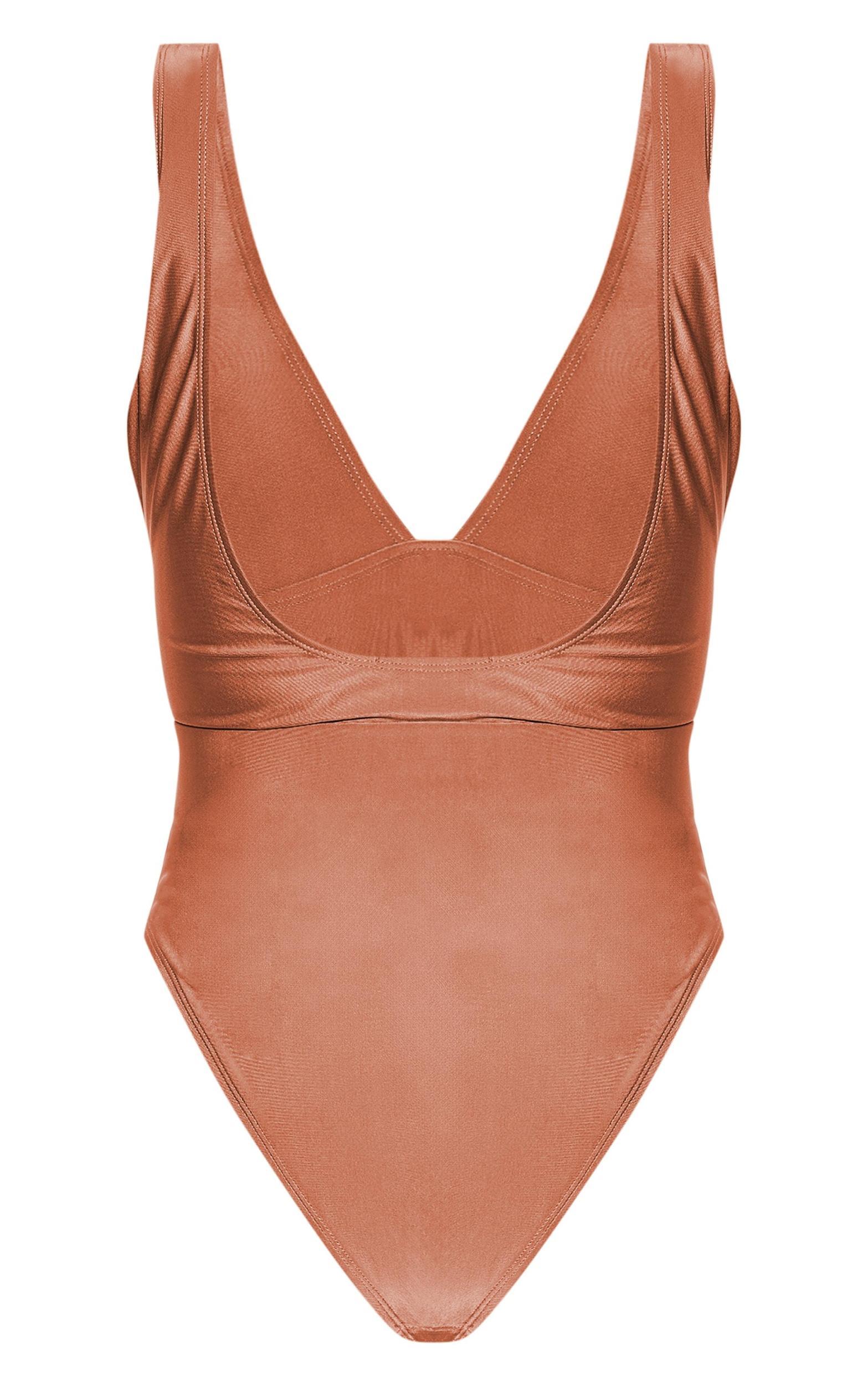 Brown Plunge Rattan Belted High Leg Swimsuit Product Image